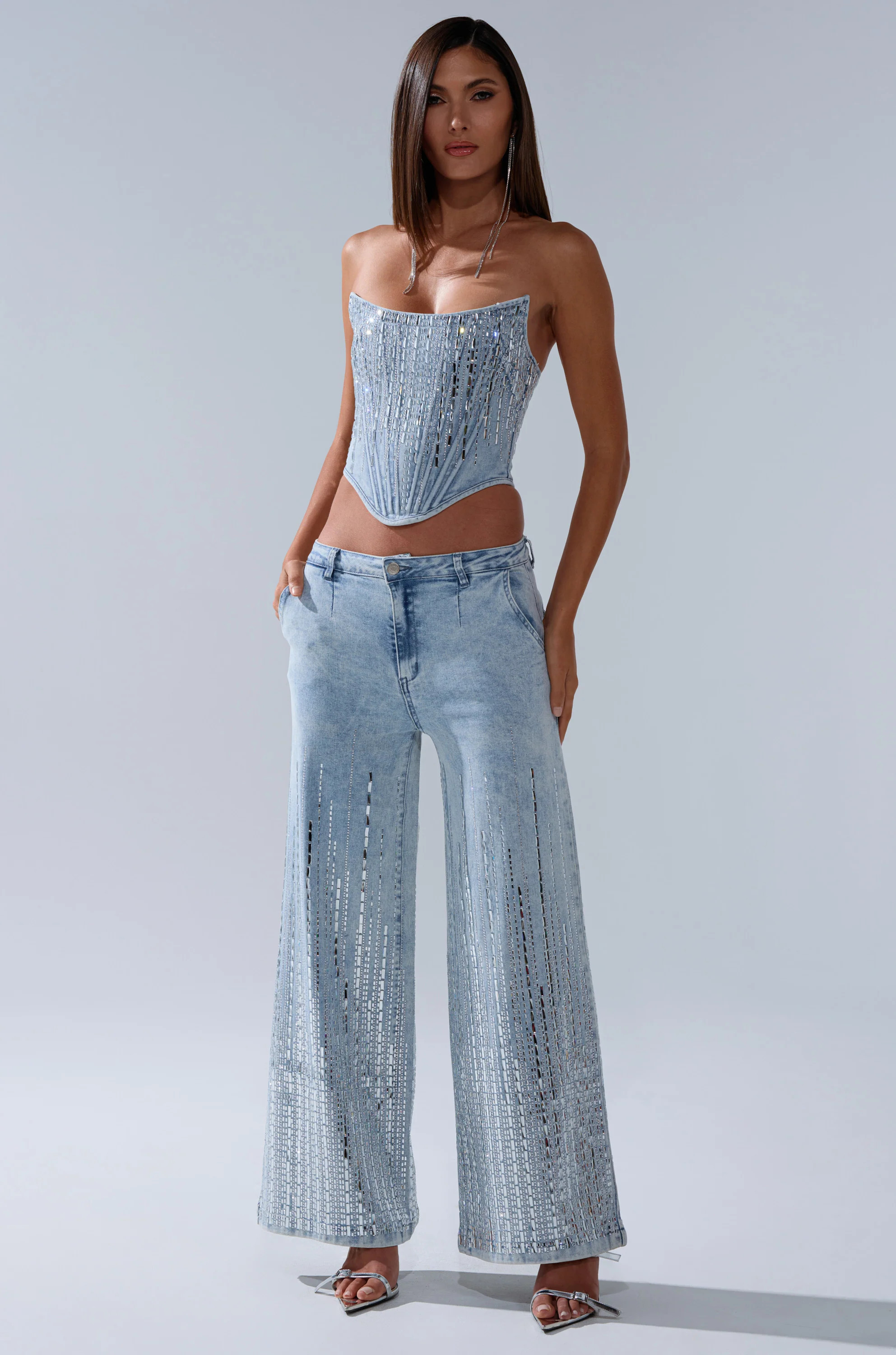 AKIRA Mila Embellished Flare Pants In Denim | Light Blue | Size 1X | AKIRA