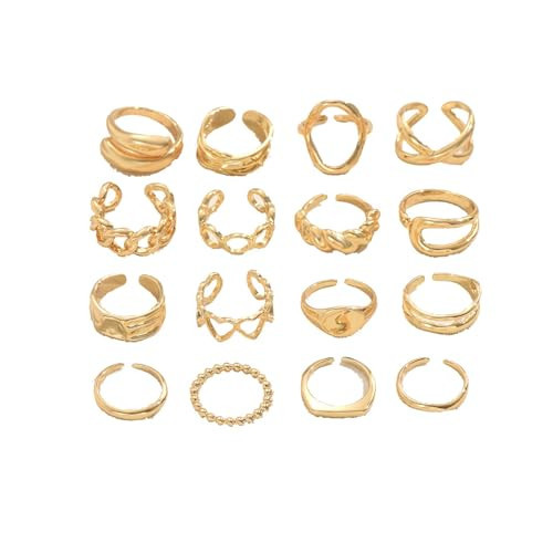 LightinMax 16-piece Gold Dome Thick Ring Set Women's 18K gold woven twisted circular label Ring Adjustable open Ring Ring Personality jewelry | Amazon (US)