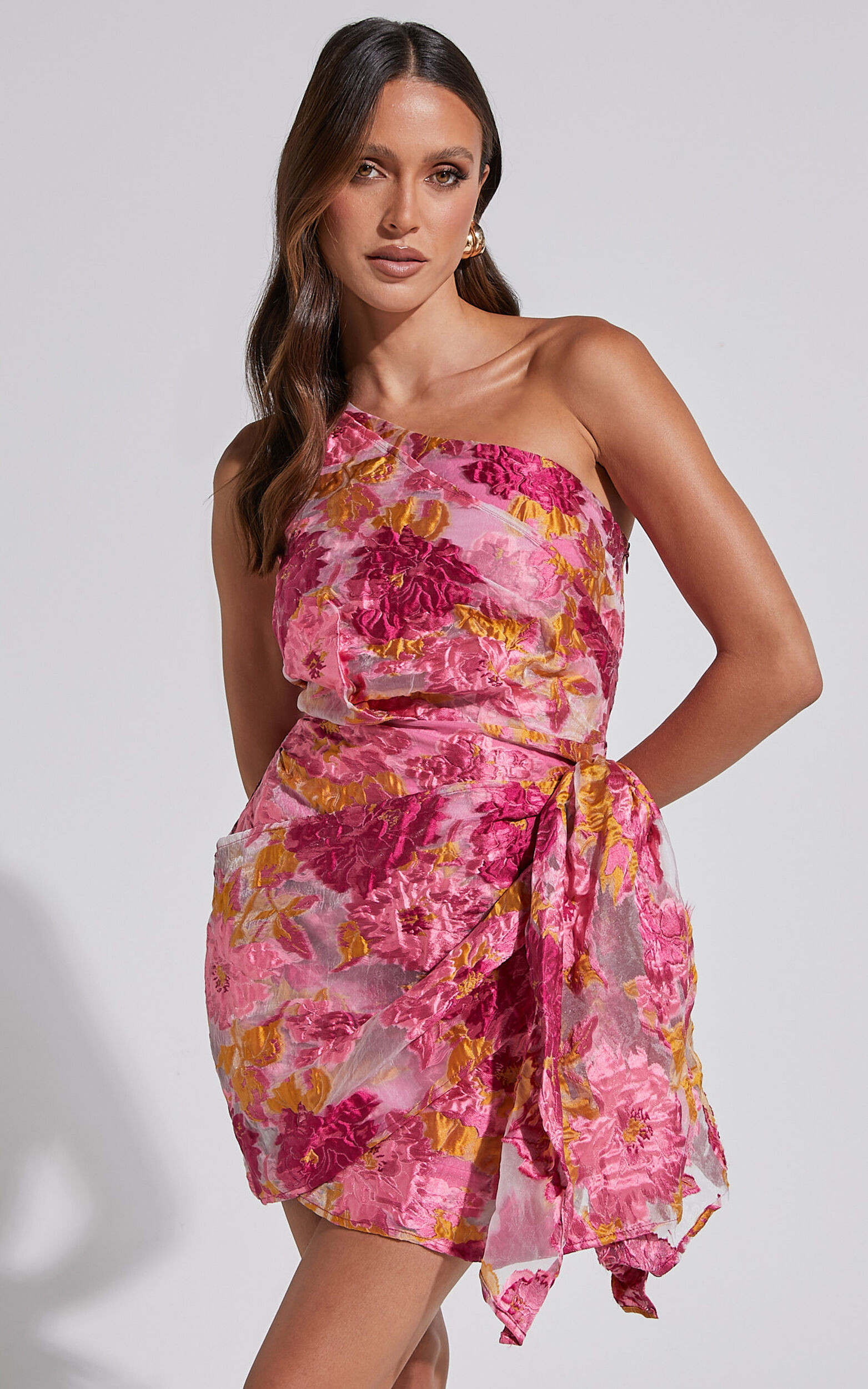 Brailey Mini Dress - One Shoulder Wrap Front Dress in Pink Jacquard | Showpo (US, UK & Europe)