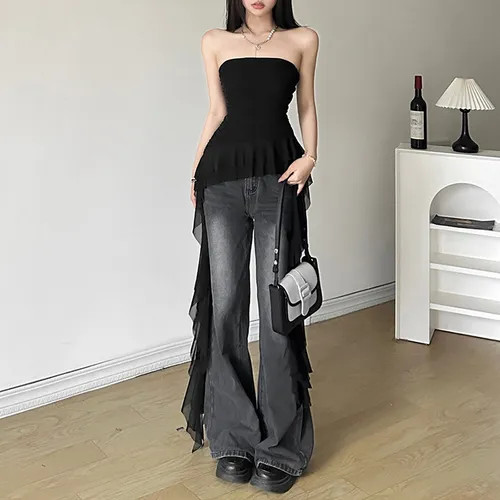 Sugarcoat - Plain Asymmetrical Ruffle Trim Ruched Tube Top | YesStyle Global