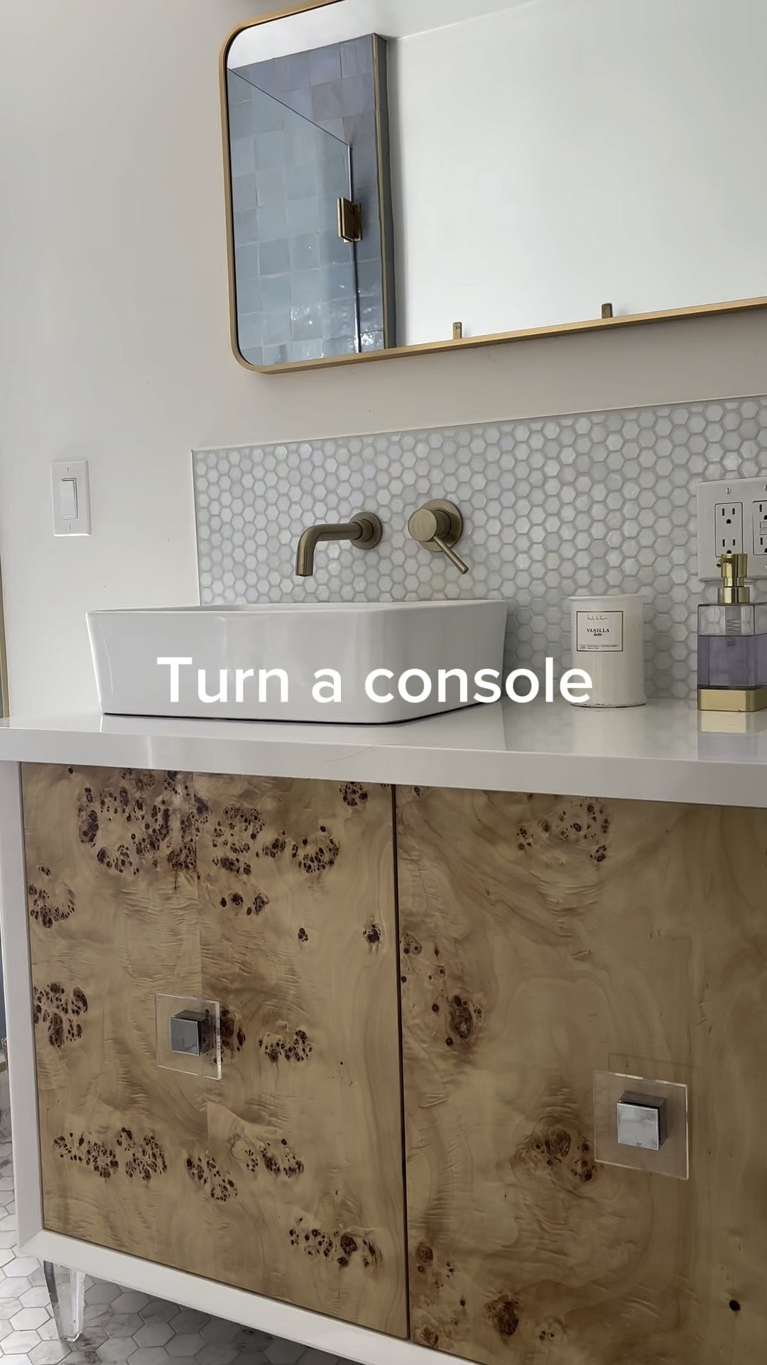 In our bathroom renovations, we used consoles instead of buying a traditional bathroom vanity.  The consoles were less expensive than a vanity, but then you have your put the plumbing into the wall, and purchase vessel sinks, and a countertop (if you want one) so it might not really save you money overall.  I mostly wanted the modern look of the wall mounted faucets.  These faucets are from Amazon, and are a high end look for less.  

#LTKhome #LTKstyletip