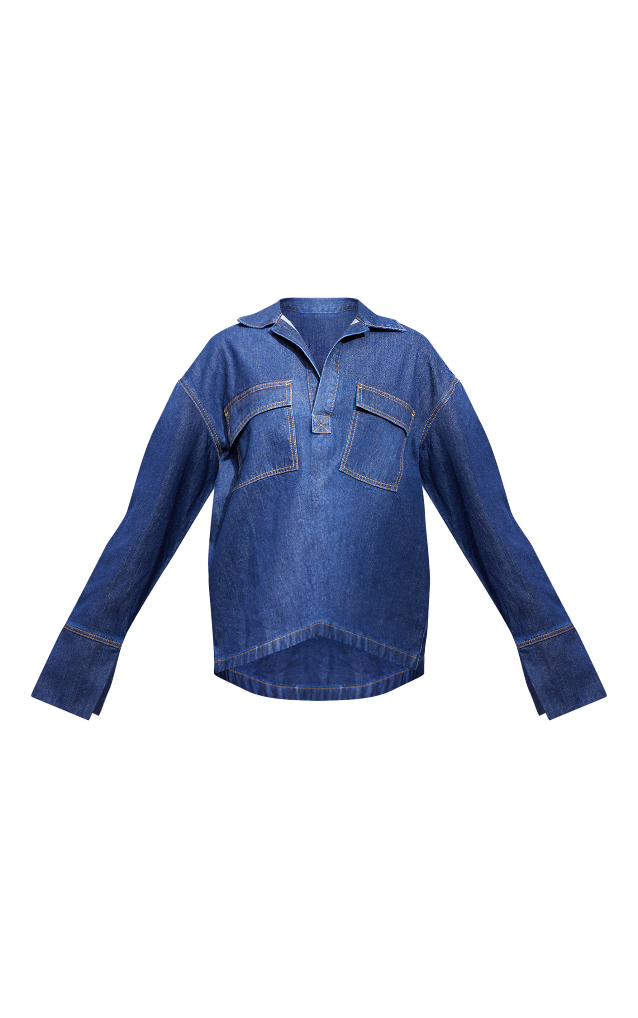Indigo Contrast Stitch Denim Rugby Shirt | Denim | PrettyLittleThing UK