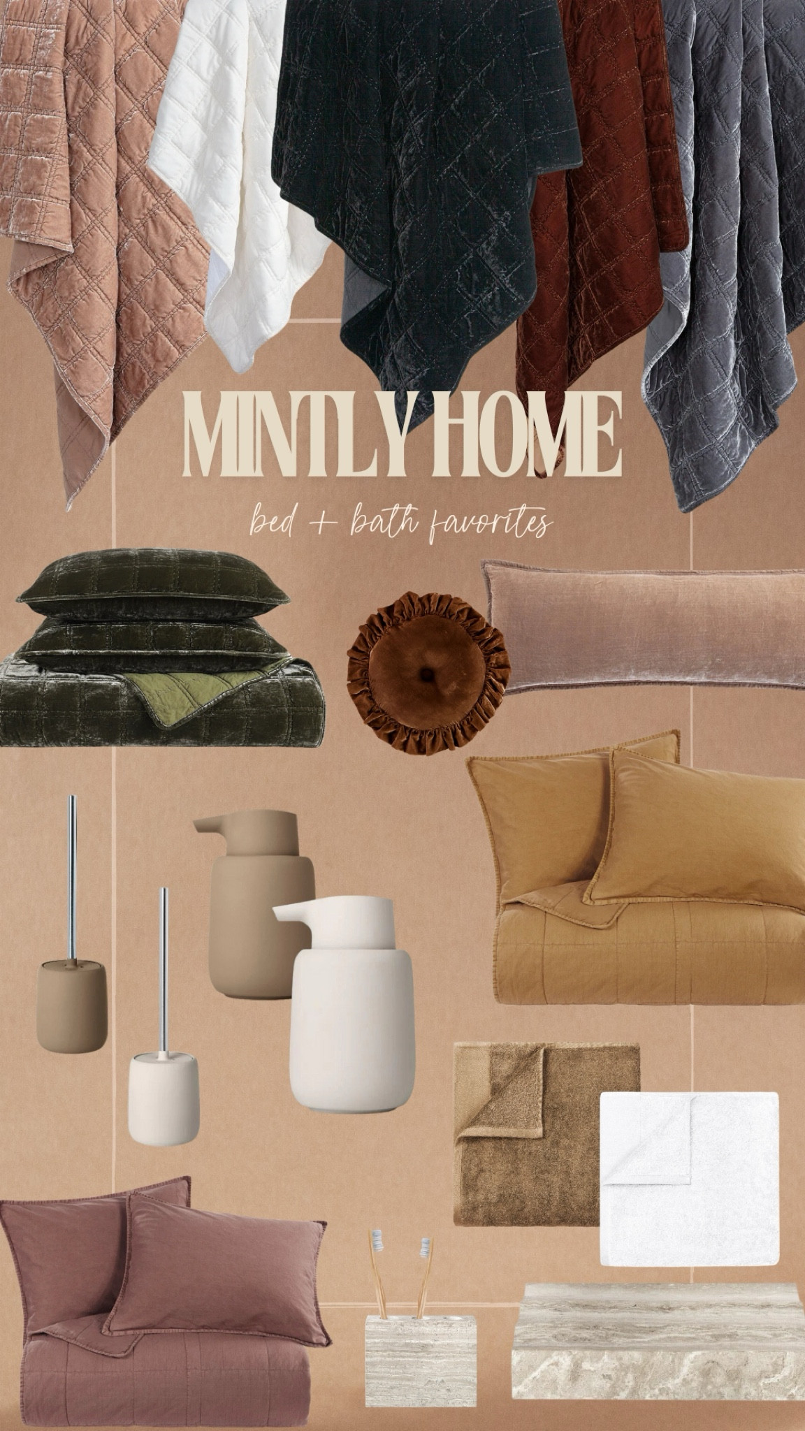 My favorite bed and bath products from Mintly Home!

Velvet Throw, Velvet Quilt, Velvet Pillow, Quilts, Yellow Bedding, Green Bedding, Neutral Bedroom, Neutral Bathroom, Soap Dispenser, Toilet Scrubber, towels, Toothbrush holder

#LTKHome #LTKKids #LTKGiftGuide