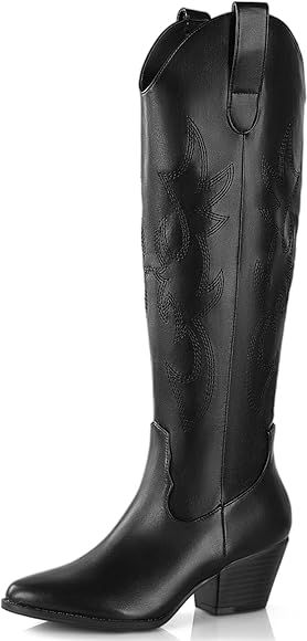 Ankis Black White Red Cowgirl Boots for Women, Wide Calf Knee High Cowboy Boots for Women Embroid... | Amazon (US)