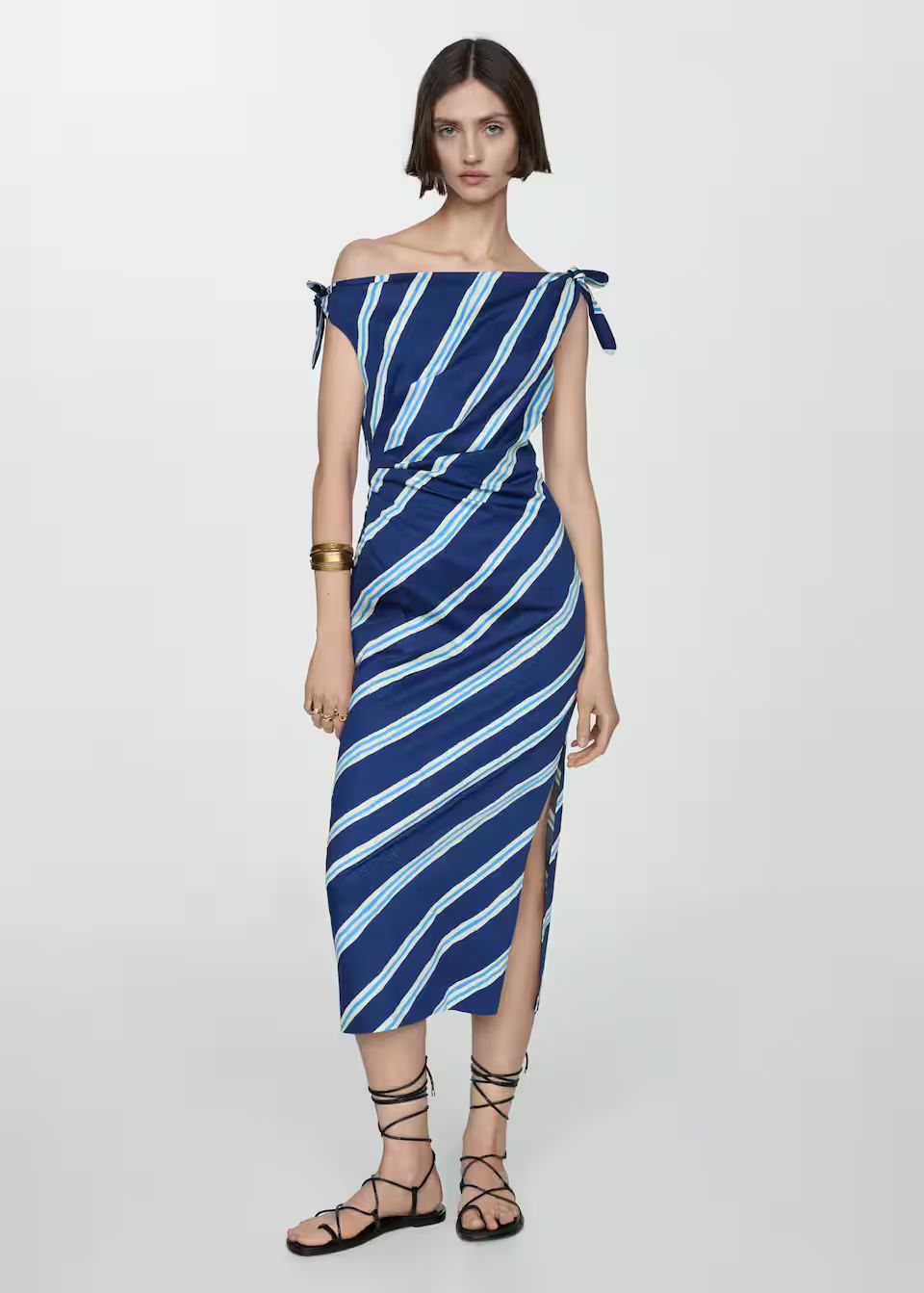 Striped dress bare shoulders -  Women | Mango USA | MANGO (US)