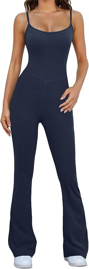 Flare Jumpsuits for Women Adjustable Spaghetti Strap Bodycon Jumpsuit Scoop Neck Workout Romper C... | Amazon (US)