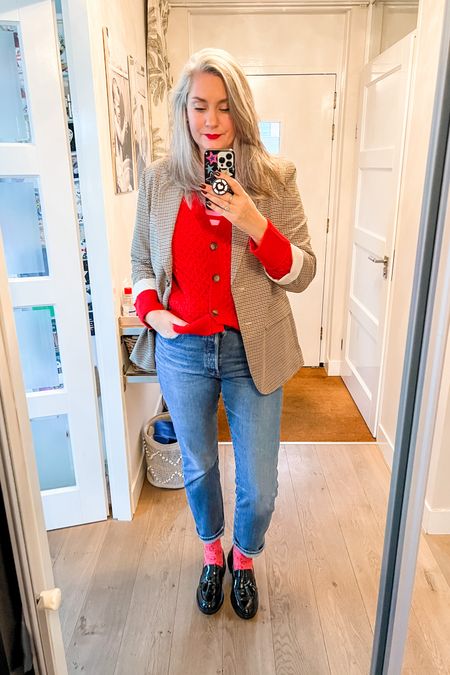 Ootd - Saturday. Red and pink striped shirt, red cardigan (Hema, L), Levi’s 501 blue jeans, pink and red Gucci socks, track sole loafers (Zara) and a beige plaid blazer. 

#LTKeurope #LTKover40 #LTKmidsize