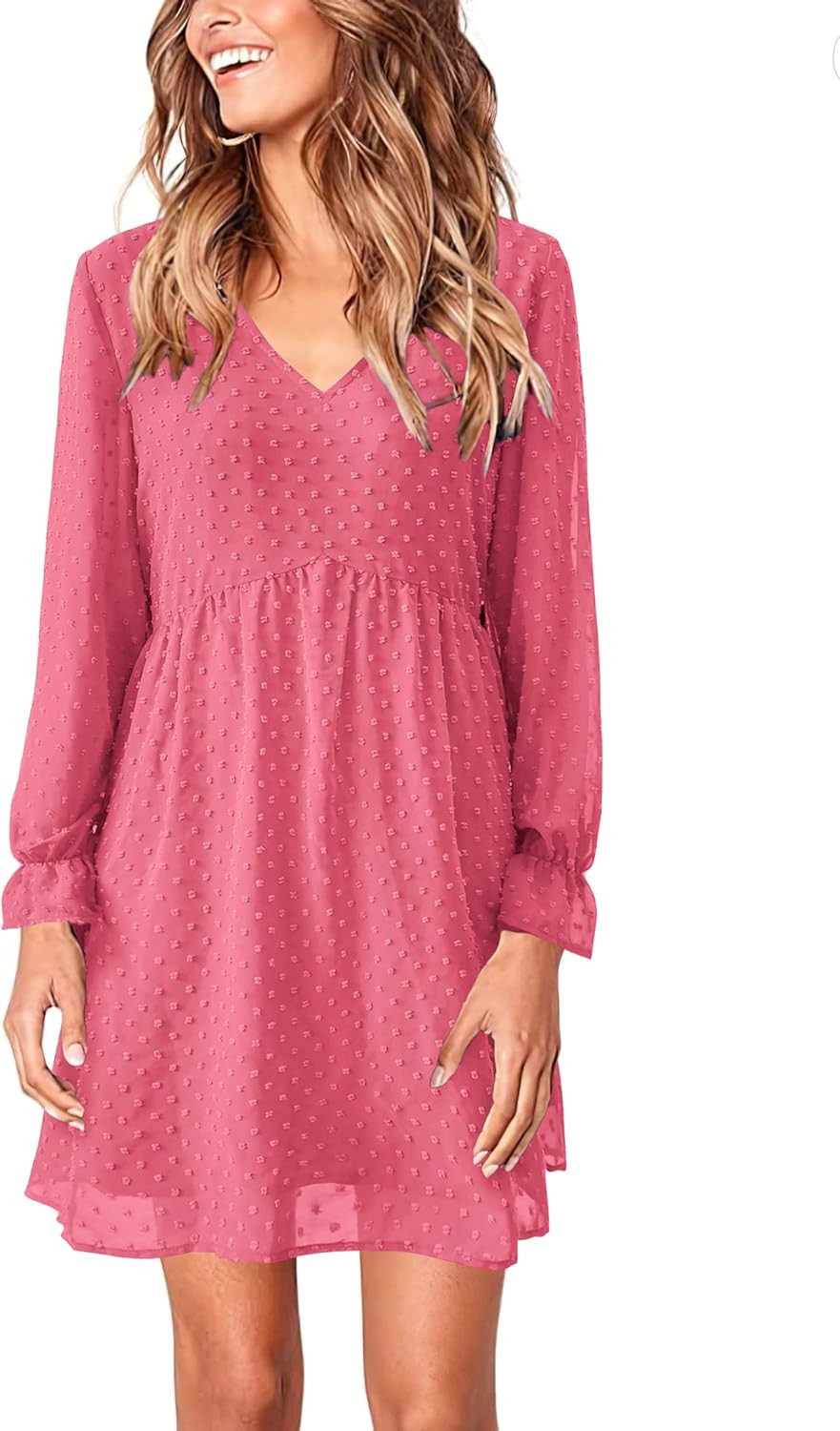 KIRUNDO Womens Dresses 2024 Spring Summer Long Sleeve Mini Dress V Neck Flowy Casual Swiss Dot Lo... | Amazon (US)