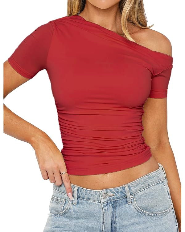ForeFair Womens Short Sleeve Off Shoulder Tops Going Out Crop Top Slim Fitted Shirts Summer Outfi... | Amazon (US)