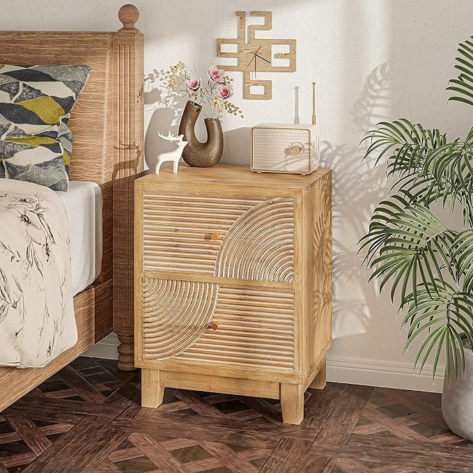 2-Drawer Farmhouse Nightstand, Mid Century Nightstand Fully Assembled with Handcrafted Wood Ring ... | Amazon (US)
