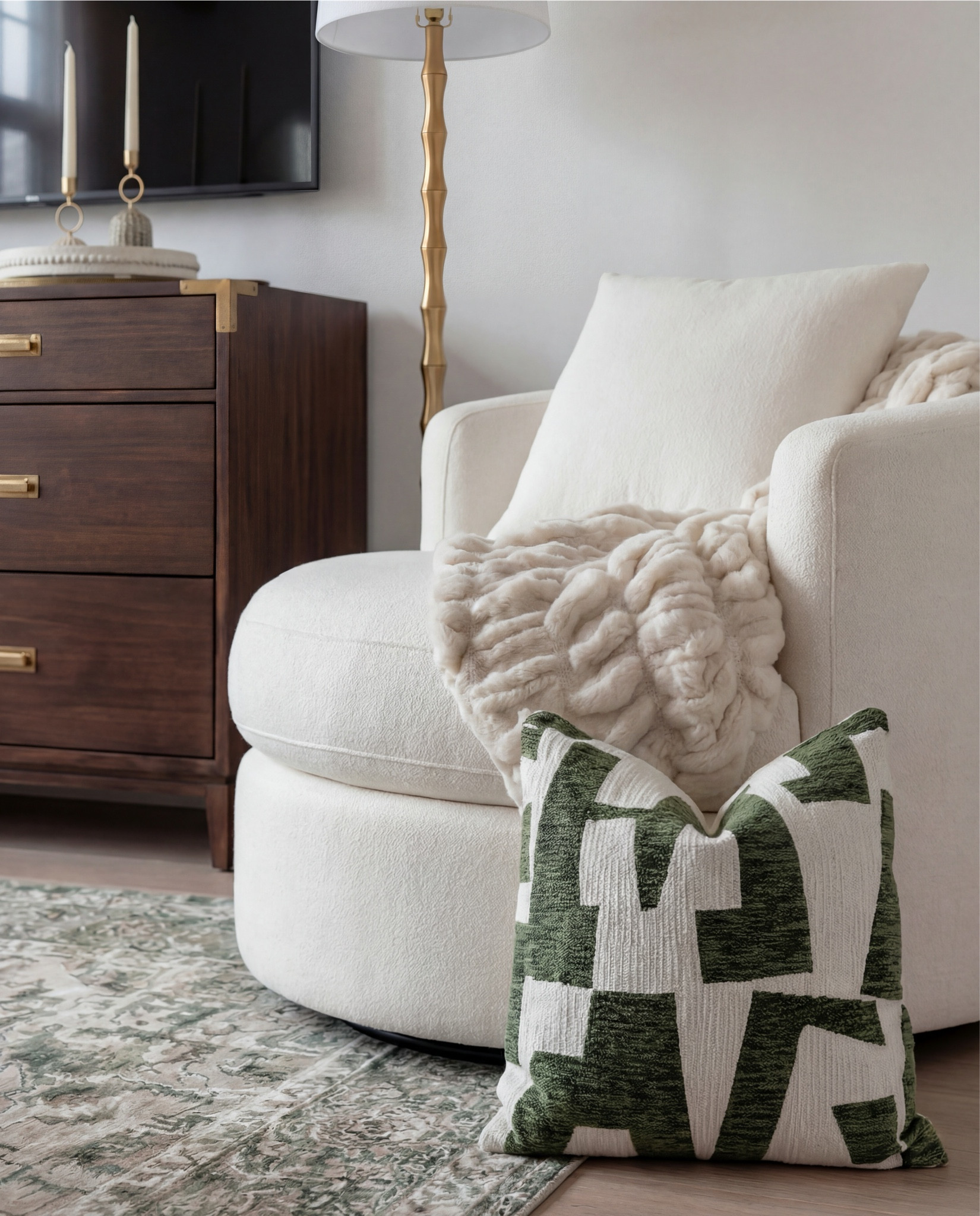 Shop the Look:
• White upholstered arched headboard bed
• White cotton duvet cover + pillow shams
• Green vintage-style area rug (distressed pattern)
• Brown chunky knit throw blanket
• Dark wood nightstands with cane doors
• White ceramic table lamp (round base)
• Brass wall sconces with glass shades
• Organic shape gold wall mirrors
• Black and beige abstract framed wall art
• Green geometric throw pillows
• Upholstered brown bench (channel tufted)
• Dark wood dresser with brass pulls
• Round ivory accent chair
• Cream throw blanket (soft knit texture)
• Tall brass floor lamp with white shade
• Decorative book stack (neutral tones)
• Small wood decorative box
• Brass round tray
• White pedestal decorative bowl
• Marble candle holders with brass rings
• Taper candles (ivory)
• Large ceramic vase with dried stems

#LTKSaleAlert #LTKHome