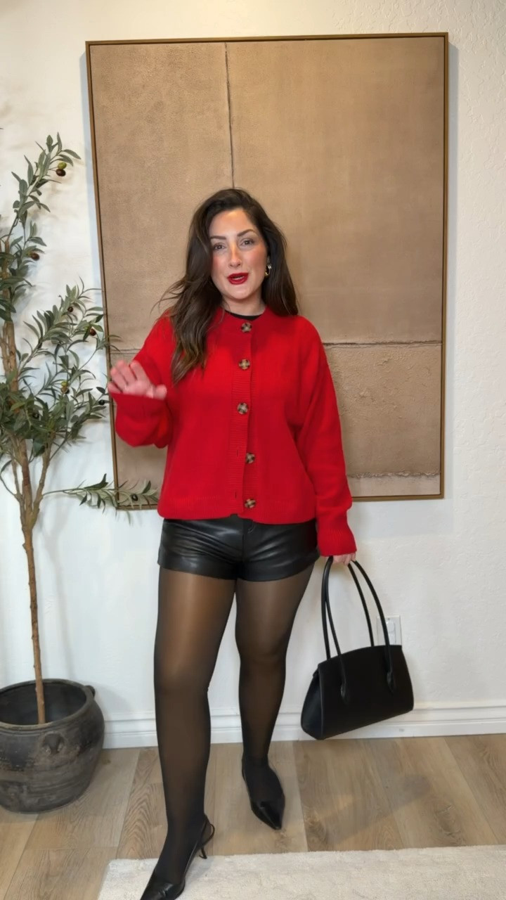 Petite friendly holiday outfit! 
Red cardigan size small petite 
Tee size small petite
 Leather shorts size small
Lip color red flag 

 5’0” 140lbs 

#LTKSaleAlert #LTKHoliday #LTKPetite