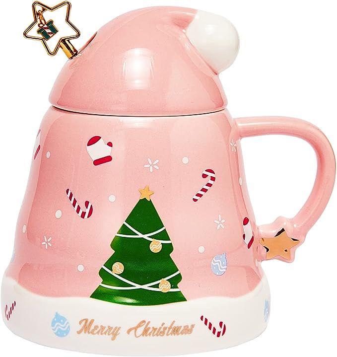 Christmas Tree Santa Hat Mug Festive with Elf & Santas Hat Lid - Ceramic Microwave & Dishwasher S... | Amazon (US)