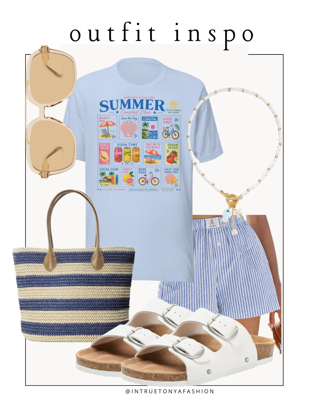 Summer outfit idea with a coastal graphic tee, striped shorts, striped tote bag, white double buckle sandals, beaded necklace and sunglasses 






Amazon outfits, summer outfit inspo, outfit ideas, casual outfits amazon, amazon outfits every day, spring outfits 2026, summer outfits, Etsy graphic tee, summer graphic tee, beach shirt, 

#LTKSaleAlert #LTKSeasonal #LTKootd
