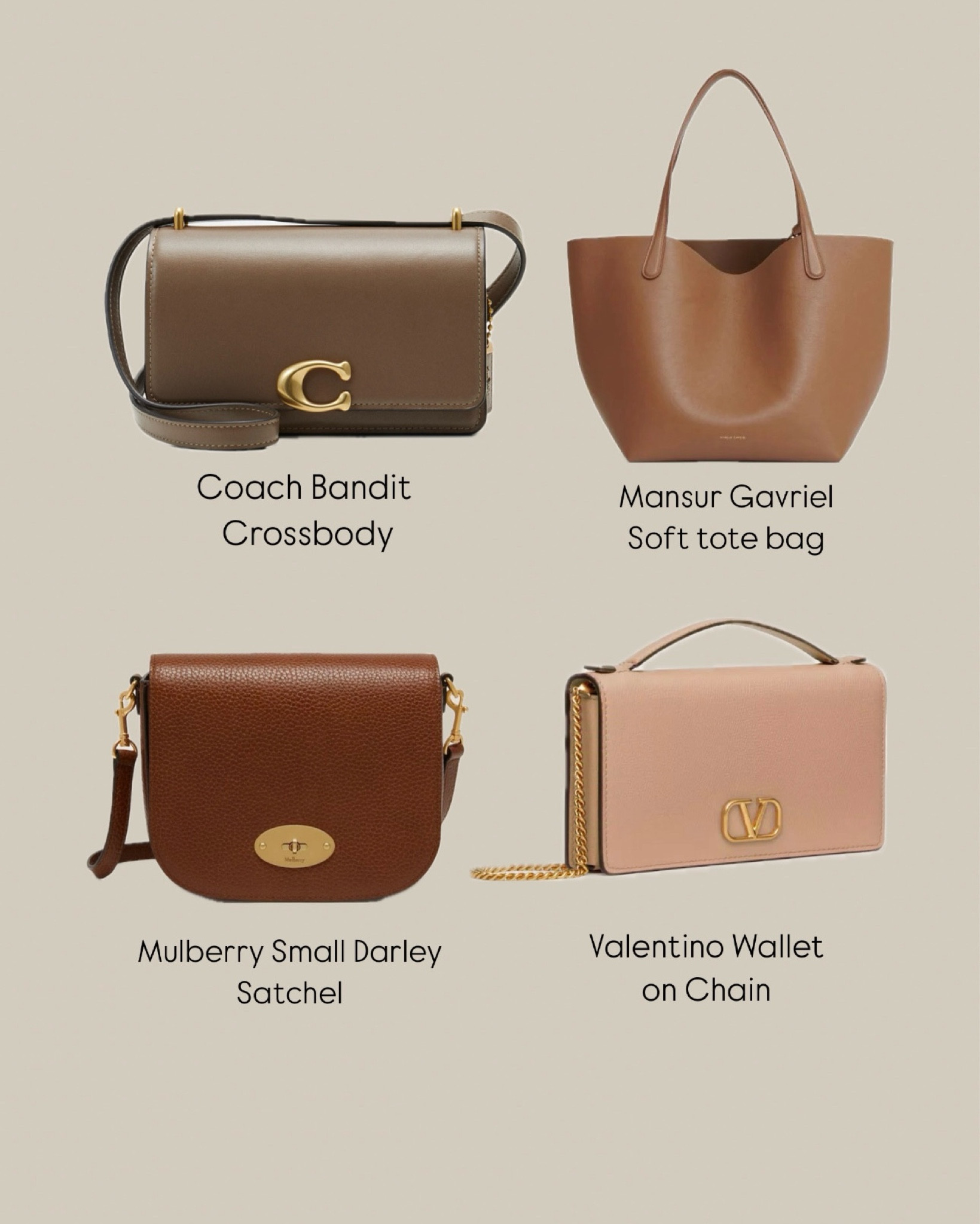 Autumn bags, luxury bags, Coach bandit crossbody, Mulberry small darley satchel, Mansur Gavriel soft tote bag, Valentino wallet on chain, tote bag, crossbody bag 

#LTKbag #LTKluxury #LTKuk