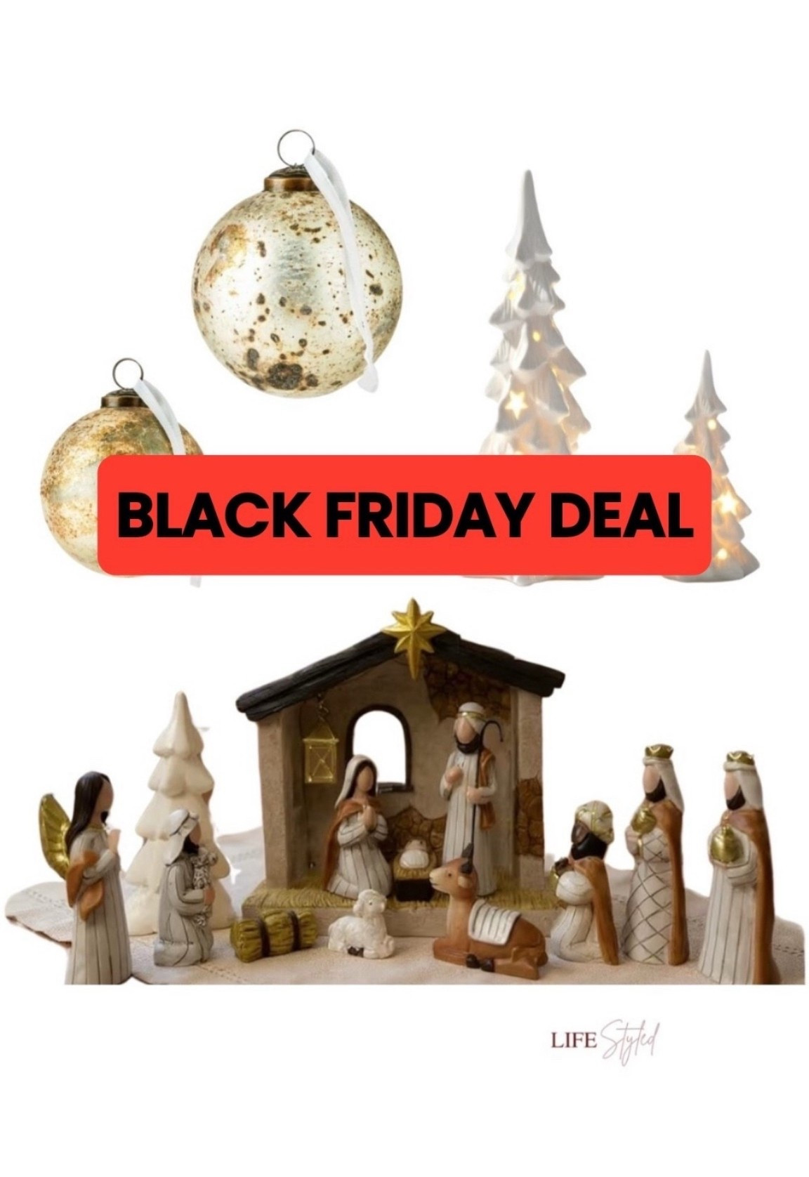 BLACK FRIDAY DEAL! Time to decorate for Christmas! 🐪 🌟 The nativity pieces set the sweetest scene, & the hollowed-out trees with star cutouts add the warmest glow. The antique-finish gold glass ornaments bring in that warm, timeless sparkle. These make beautiful gifts too—classic pieces they’ll use every single year.

#LTKGiftGuide #LTKHoliday

#LTKSaleAlert
