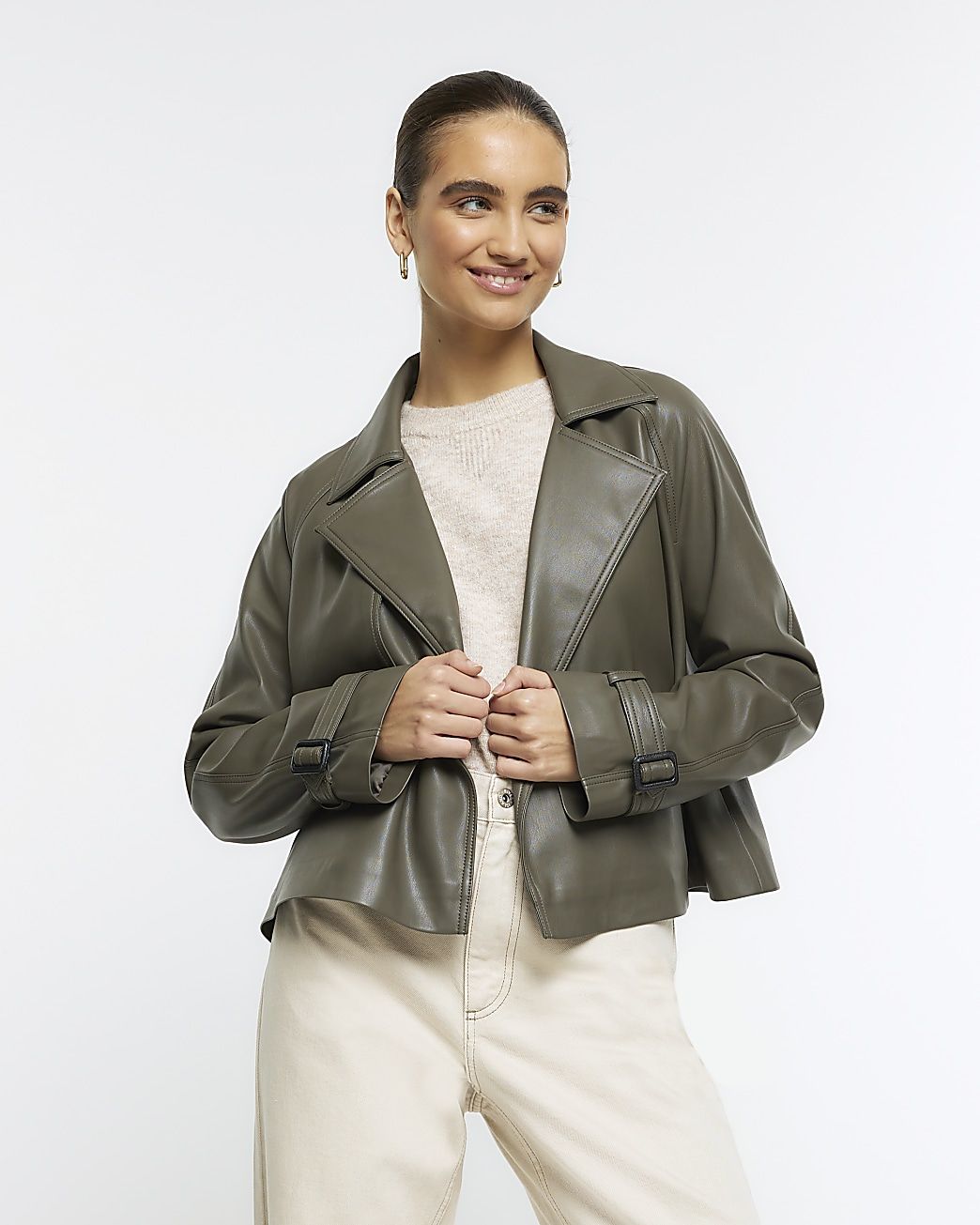 Khaki faux leather crop trench coat | River Island (US)
