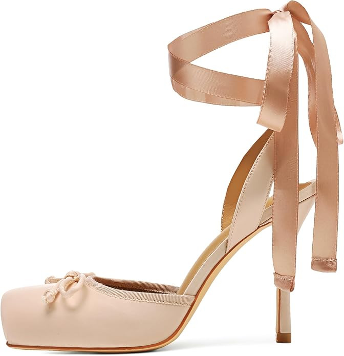 Satin Ballet Heels for Women Closed Square Toe Bow Ballerina Heels Lace Up High Heel Slingback Pu... | Amazon (US)