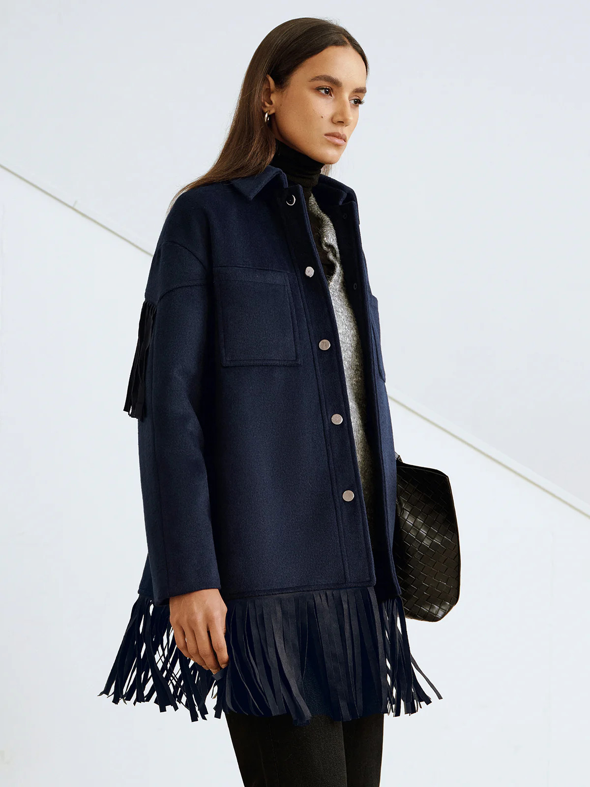 Fringe Detail Wool-Blend Collared Coat | Commense