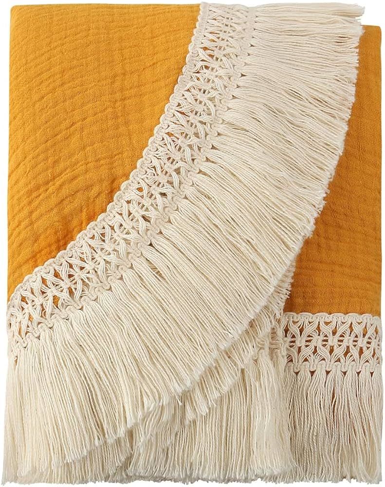 Cotton Baby Muslin Tassles (53.15 x 53.15 inch), Baby Receiving Blanket with Fringe, Boho Muslin ... | Amazon (US)