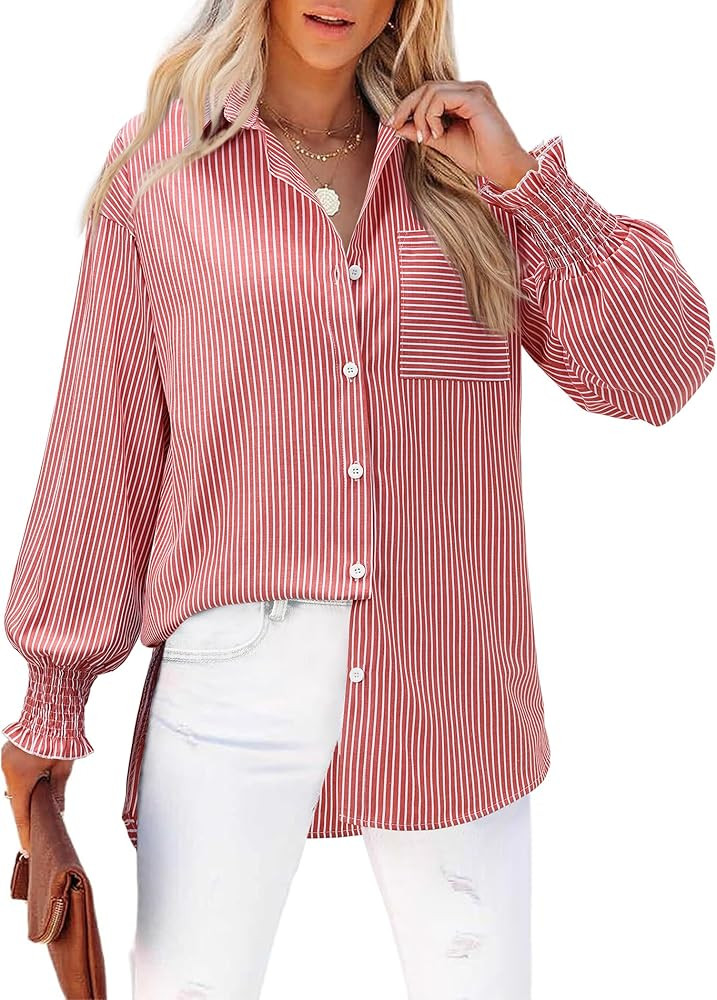 siliteelon Striped Button Down Shirts for Women Long Sleeve Blouses Boyfriend Plus Collared Smock... | Amazon (US)
