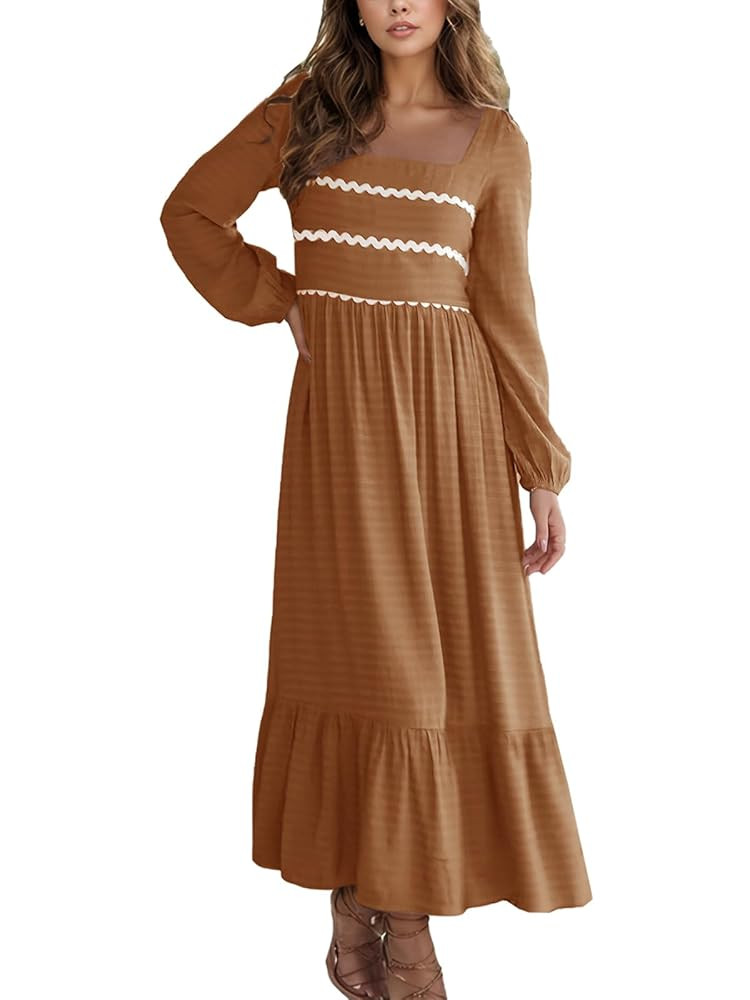 2025 Spring Summer Womens Square Neck Maxi Dress Smoked Long Sleeve Ruffle Hem Flowy Long Maxi Dr... | Amazon (US)