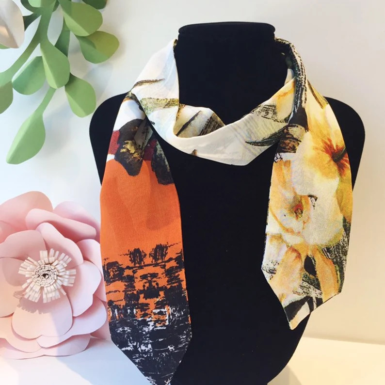 Skinny Silk Scarf. Chiffon Neck Scarf. Neckerchief. Long Thin Scarf. Purse scarf. Headscarf. Bow.... | Etsy (US)