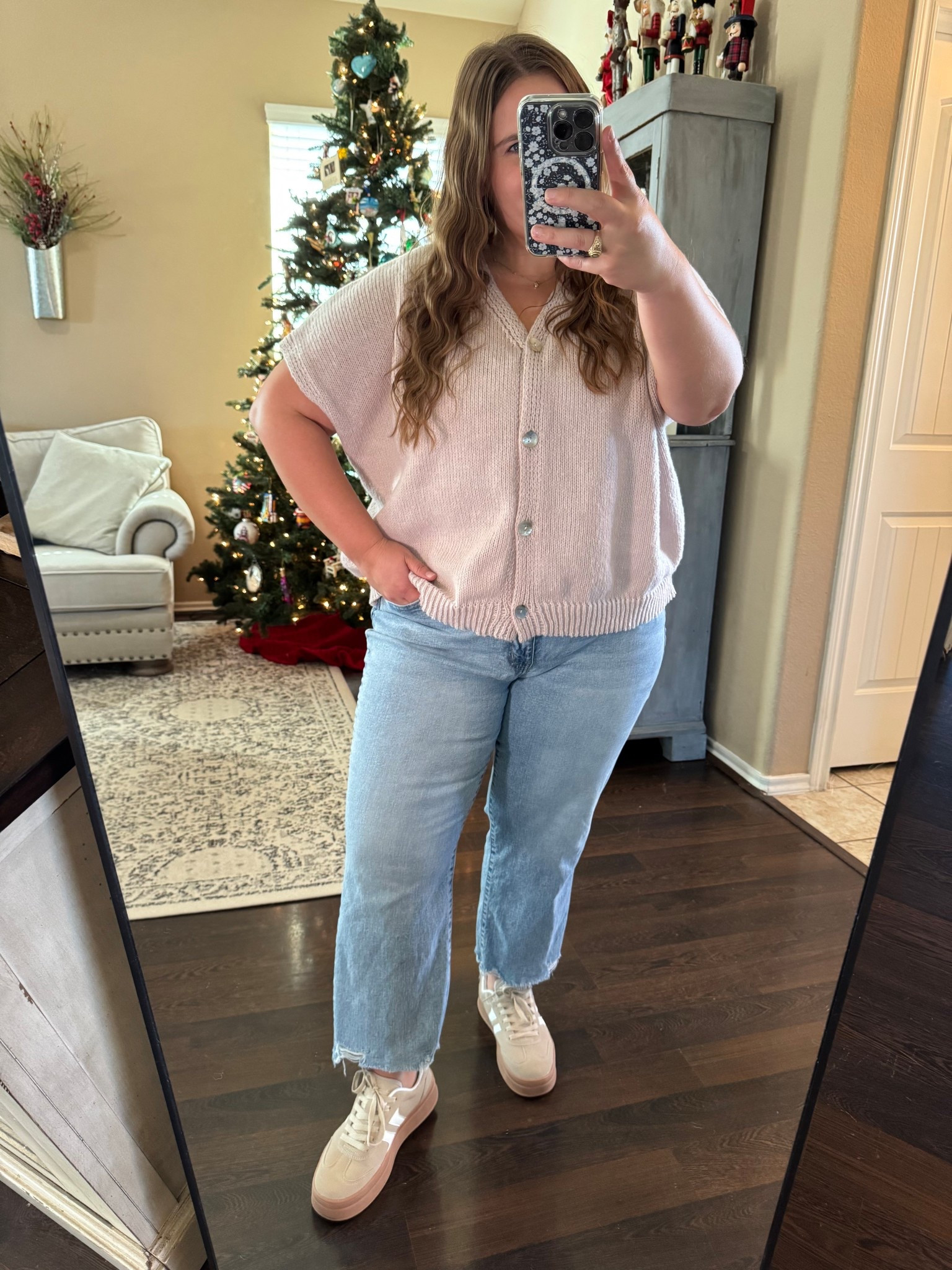Cozy outfit of the day! This short sleeve sweater is perfect for hot weather in the winter. Wearing a 2XL. Pairing it with my favorite Walmart jeans (wearing a size 16 they fit true to size). I’m 5’1 for reference. 

#LTKMidsize #LTKPetite #LTKPlusSize