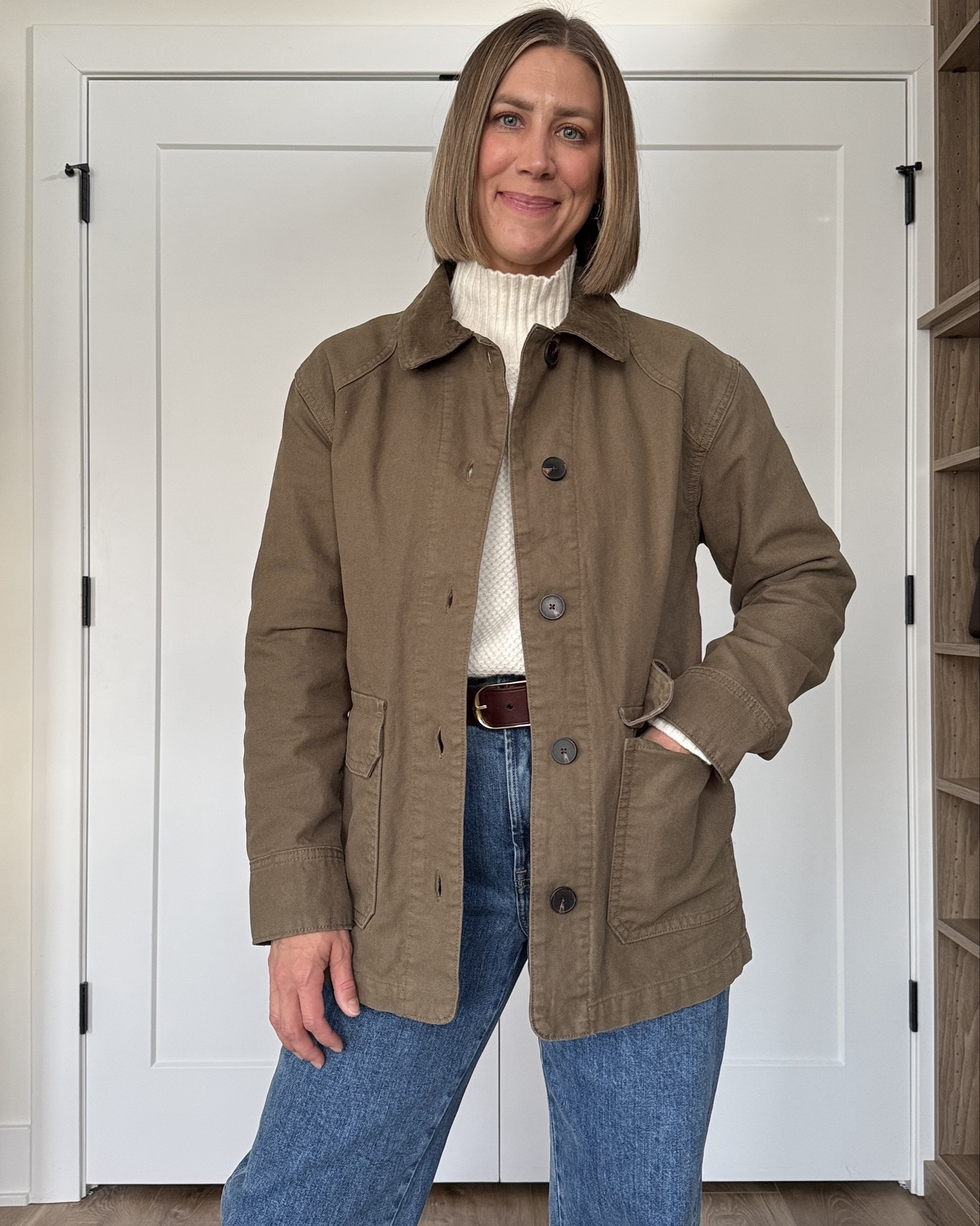 Wearing small barn jacket, small sweater, 26 jeans 

#LTKStyleTip #LTKOver40 #LTKSeasonal