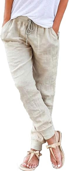 Dokotoo Womens Linen Drawstring Tie Elastic Waist Loose Capri Jogger Cargo Pants with Pockets | Amazon (US)