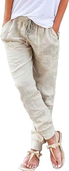 Dokotoo Womens Linen Drawstring Tie Elastic Waist Loose Capri Jogger Cargo Pants with Pockets | Amazon (US)