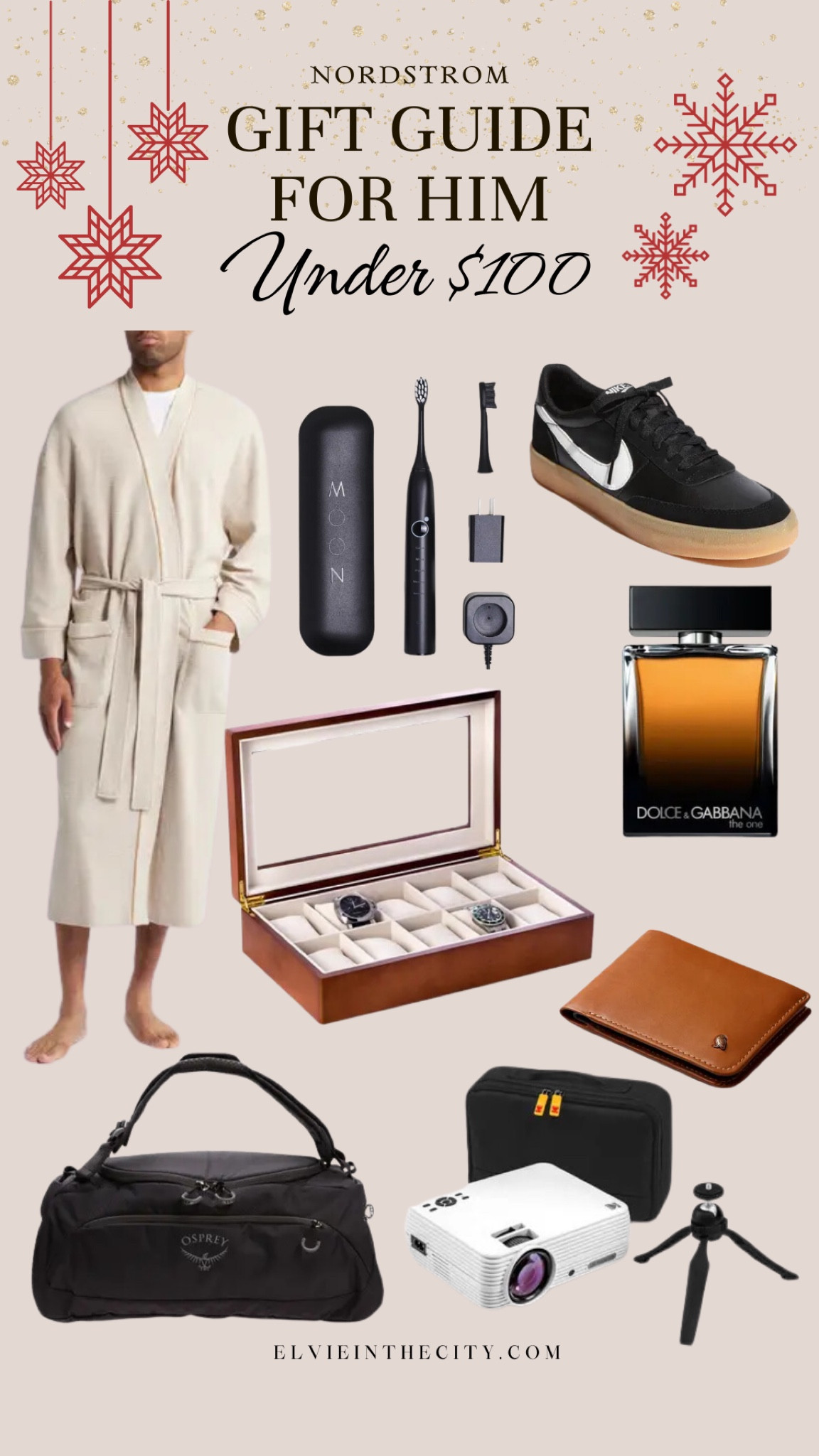 Gift ideas for him under $100 from Nordstrom, including a robe, electric toothbrush, Nike sneakers, a watch holder, Dolce & Gabbana cologne, a duffle bag, wallet, and portable projector.

Gifts for him, gifts for dad, gifts for grandpa, gift guide under 100, gifts under 100

#LTKMens #LTKFindsUnder100 #LTKGiftGuide