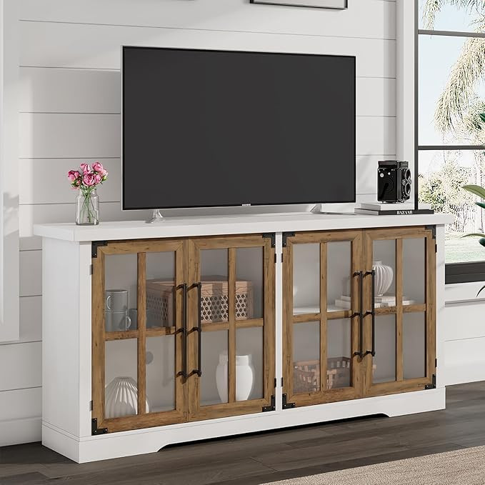 63" Farmhouse TV Stand with 4 Glass Doors, Modern Buffet Sideboard Cabinet with Storage, Entertai... | Amazon (US)