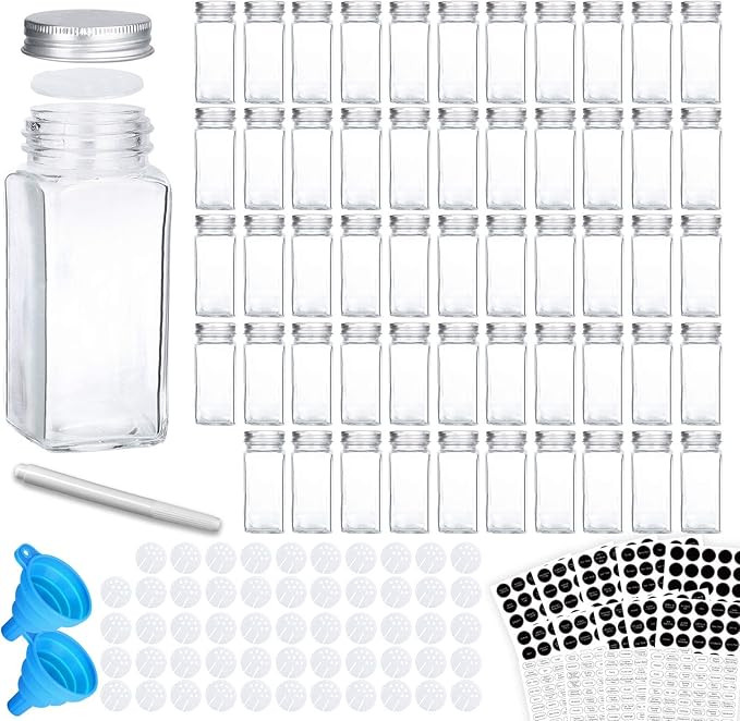 VERONES 54 Glass Spice Jars with 662 Spice Labels, Chalk Marker and Funnel Complete Set. 54 Squar... | Amazon (US)