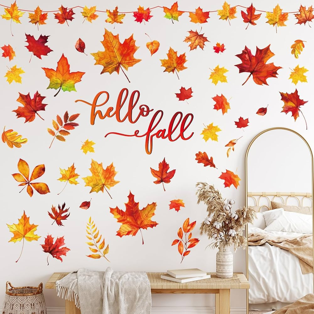 Whaline Fall Wall Decor Stickers Hello Fall Maple Leaves Wall Decals Small Room Mural Stickers fo... | Amazon (US)