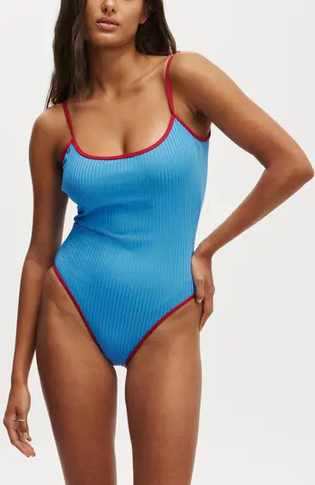 COTTON ON BODY Thin Strap Low Scoop One Piece Cheeky in Black Crinkle at Nordstrom, Size X-Small | Nordstrom