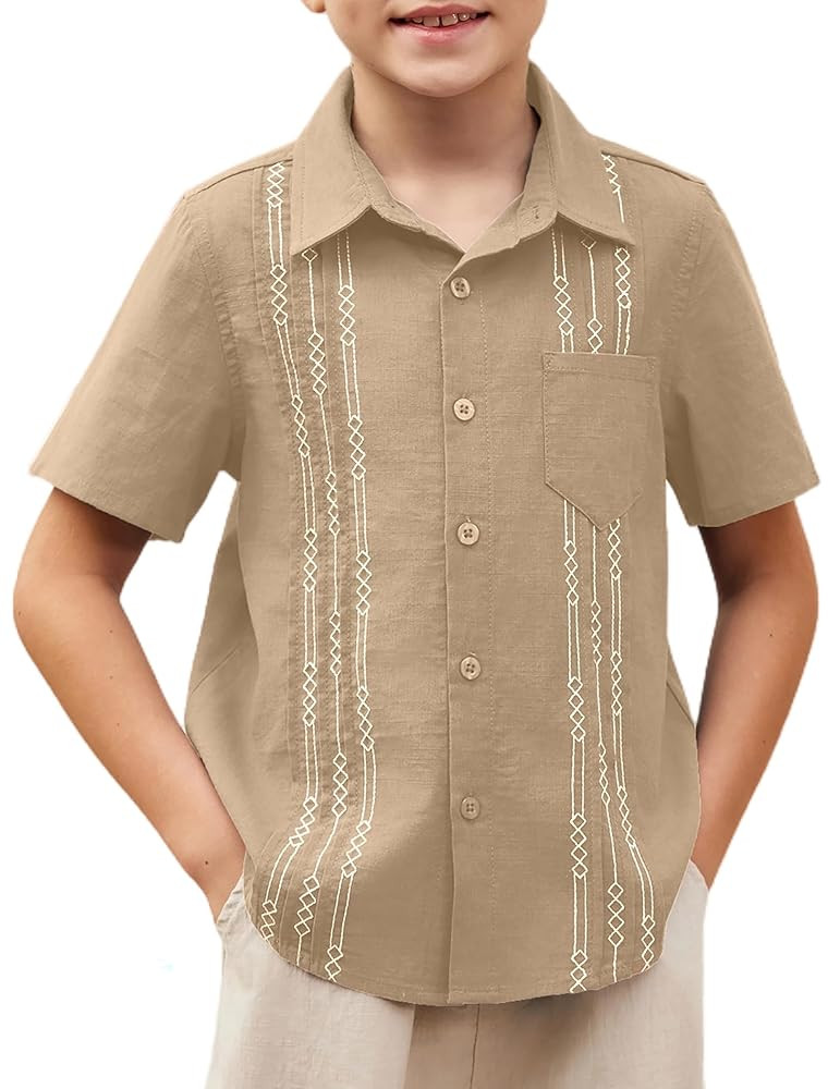 Arshiner Boys Guayabera Shirt Short Sleeve Cotton Linen Button Down Shirt Summer Beach Tops with ... | Amazon (US)