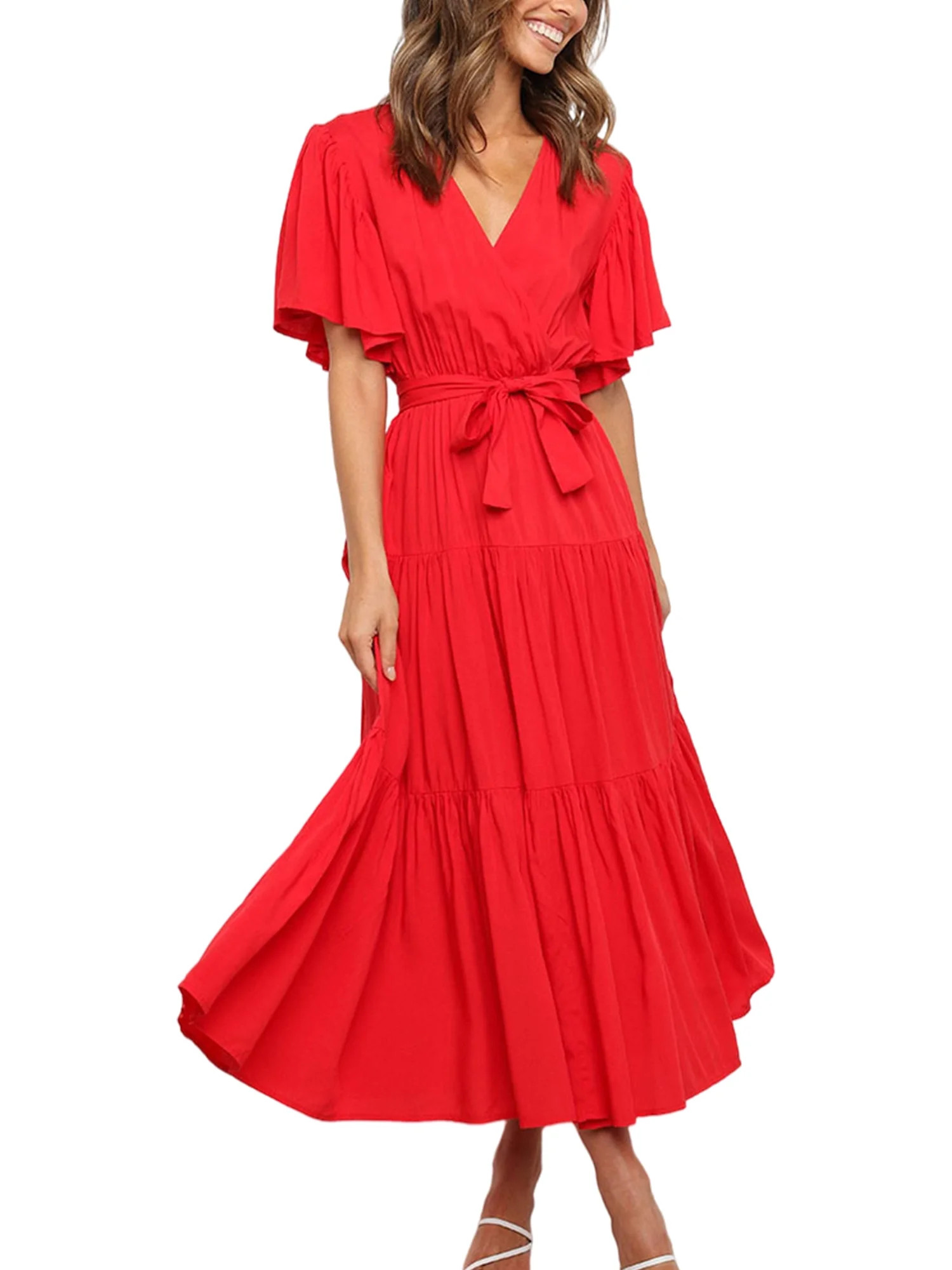 Calzi Short Sleeve V Neck Shirts Dress for Womens Solid Color Swing Dress Dailywear Summer Dress ... | Walmart (US)