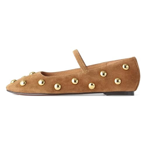 RBTHOLP Studded Ballet Flats for Women Square Toe Mary Jane Flats with Strap Suede Comfortable Studded Dressy Shoes | Amazon (US)