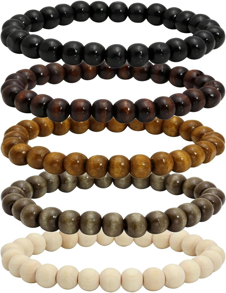 MILAKOO 5 Pcs Wooden Beaded Bracelet Bangle for Men and Women Elastic | Amazon (US)