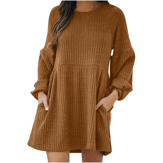 HTNBO Sweater Dress for Women 2023 Fall Winter Long Sleeve Knitted Mini Dresses with Pockets | Walmart (US)