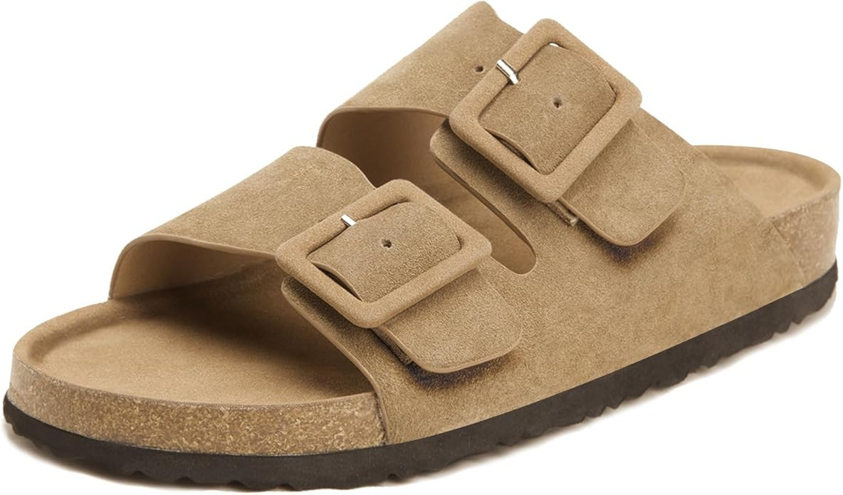 Flat sandals for women, Summer Cork Footbed Slide Sandals with Arch support,100% Genuine Leather | Amazon (US)