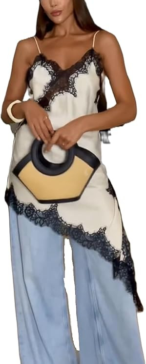 Women Lace Trim Satin High Low Tops Silk Spaghetti Strap Asymmetrical Side Split Cami Top Flowy S... | Amazon (US)