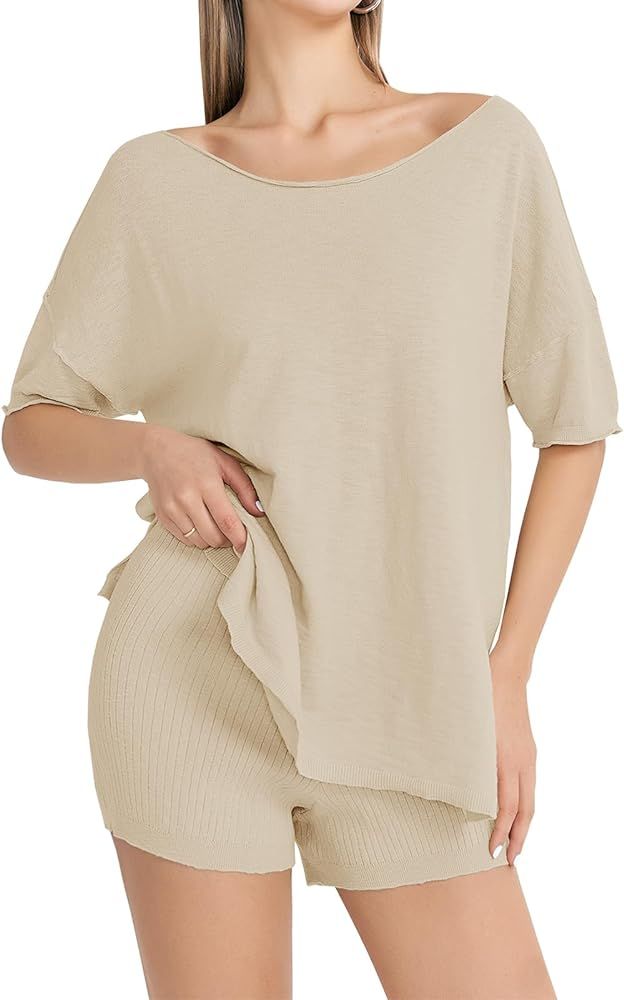 Tankaneo Women Pajamas 2 Piece Lounge Sets Knit Matching Outfits Casual Off Shoulder T-Shirts Sum... | Amazon (US)