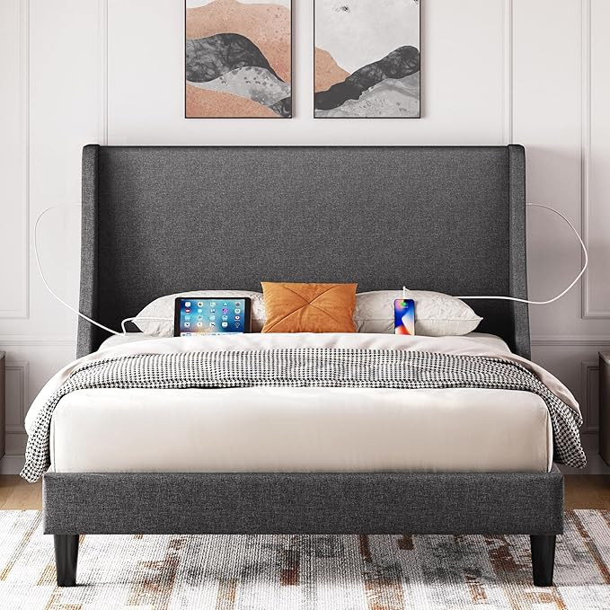 Yaheetech Queen Size Upholstered Bed Frame with 2 USB Charging Stations/Port for Type A & Type C/... | Amazon (US)