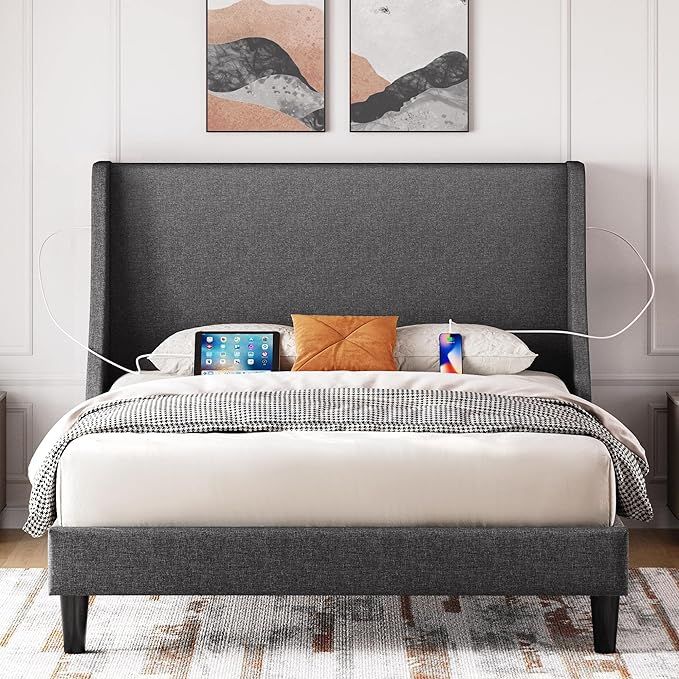 Yaheetech Queen Size Upholstered Bed Frame with 2 USB Charging Stations/Port for Type A & Type C/... | Amazon (US)