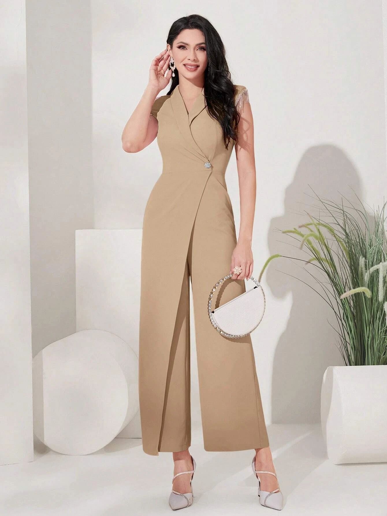 SHEIN Modely Solid Wrap Front Shawl Neck Sleeveless Jumpsuit | SHEIN