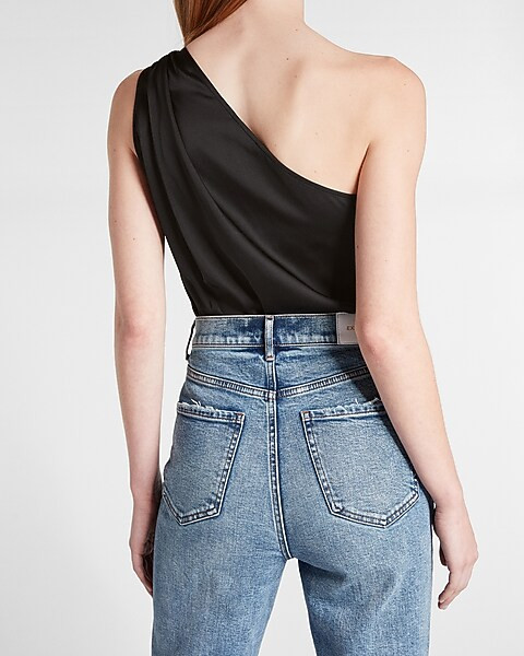 Conscious Edit Satin One Shoulder Ruched Thong Bodysuit | Express