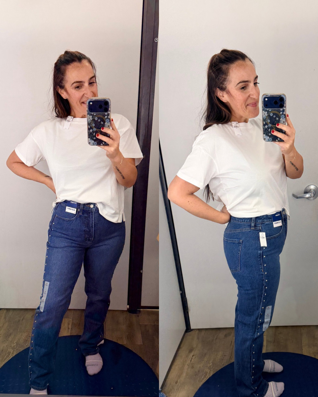 A great more straight leg look with studded sides. Strigid feel. I'm in an 8 and its perfect.  

 #LTKOver40 #LTKSaleAlert #LTKFindsUnder50