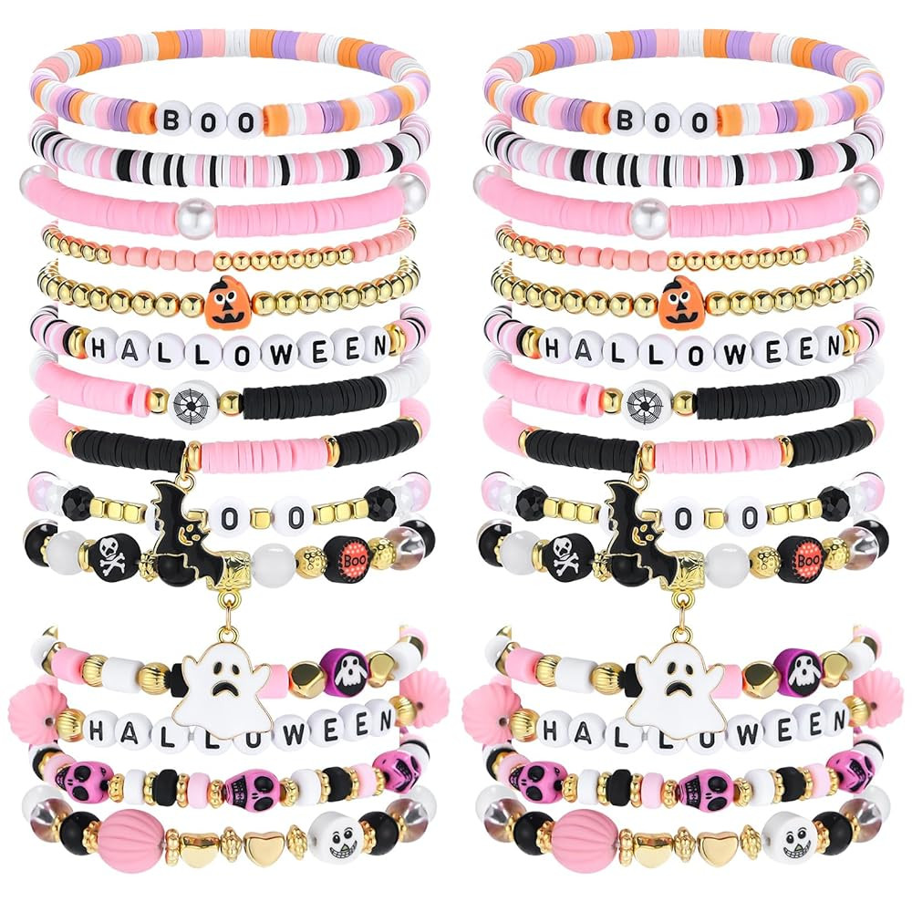 56 Pcs Halloween Bracelets for Women Pink Stackable Beaded Friendship Bracelets Set Tretch Clay H... | Amazon (US)